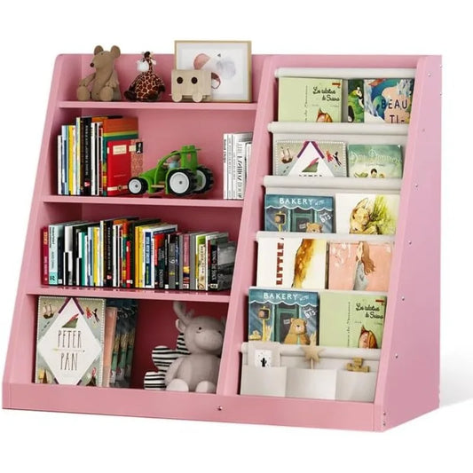 Kids Bookshelf and Toy Storage Organizer, 4 Tier Wooden Kids Book Shelf with Sling Book Rack in Kids Room Playroom Nursery