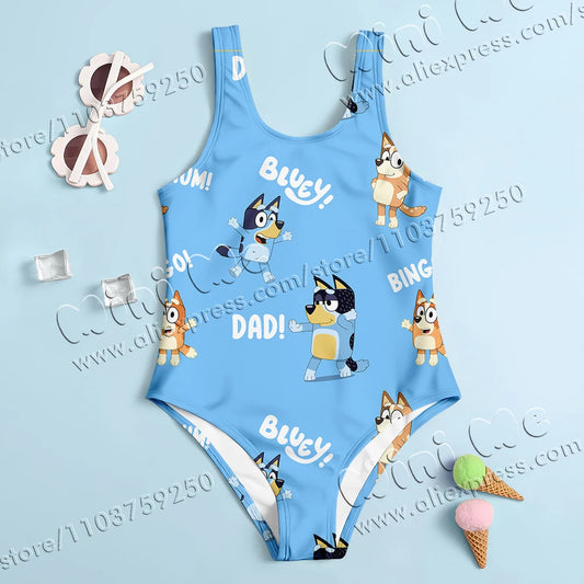 MINISO CuteBluey Print New Girl Summer One-Piece Swimsuit Fashion Cartoon Women Kids Swimwear Sleeveless Swim Clothing
