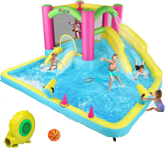 Inflatable Bounce House with Double Water Slide for Kids Toddler Age 3-10 Splash Pool Water Guns Ring-Toss Game for Outdoor