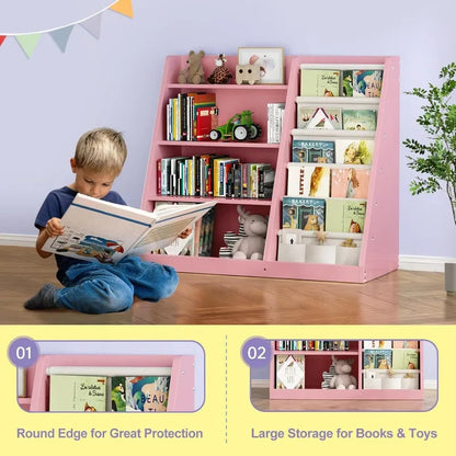 Kids Bookshelf and Toy Storage Organizer, 4 Tier Wooden Kids Book Shelf with Sling Book Rack in Kids Room Playroom Nursery