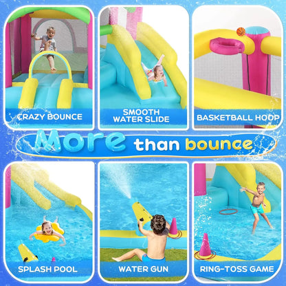 Inflatable Bounce House with Double Water Slide for Kids Toddler Age 3-10 Splash Pool Water Guns Ring-Toss Game for Outdoor