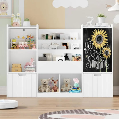 Toy Storage Organizer, Large Toy Organizer and Storage with Chalkboard,Kids Bookshelf and Bookcase with Movable Drawers