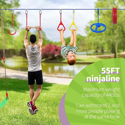 Warrior Obstacle Course For Kids, 55 FT Durable Slackline With 13 Obstacles-Swings, Monkey Bars, Arm Trainers And More, Weatherp
