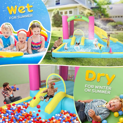 Inflatable Bounce House with Double Water Slide for Kids Toddler Age 3-10 Splash Pool Water Guns Ring-Toss Game for Outdoor
