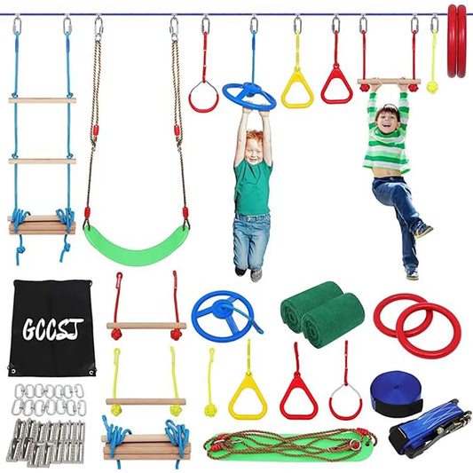 Warrior Obstacle Course For Kids, 55 FT Durable Slackline With 13 Obstacles-Swings, Monkey Bars, Arm Trainers And More, Weatherp