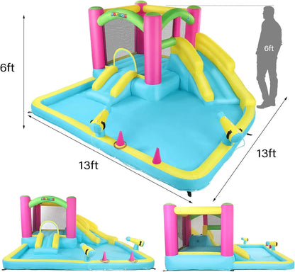 Inflatable Bounce House with Double Water Slide for Kids Toddler Age 3-10 Splash Pool Water Guns Ring-Toss Game for Outdoor