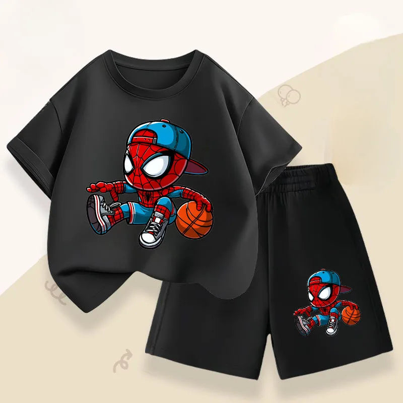 Summer Boys Breathable T Shirt Shorts Two Piece Set Disney Anime Spiderman Kids Casual Outfits Child Short Sleeved Top Suit