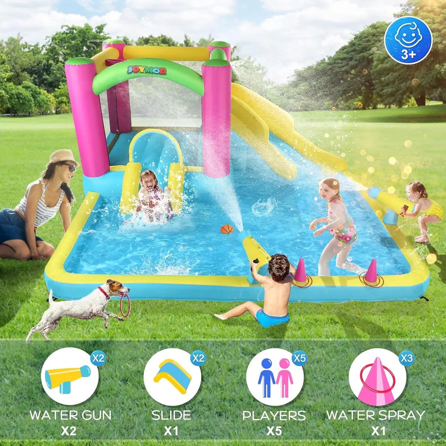 Inflatable Bounce House with Double Water Slide for Kids Toddler Age 3-10 Splash Pool Water Guns Ring-Toss Game for Outdoor