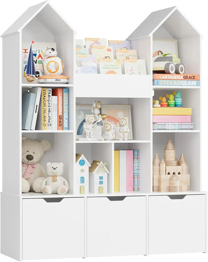 Toy Storage Organizer with Castle RoofLarge Kids Bookshelf Dollhouse with 3 Movable Drawers and 9 Storage Cubbies Toy Organizers