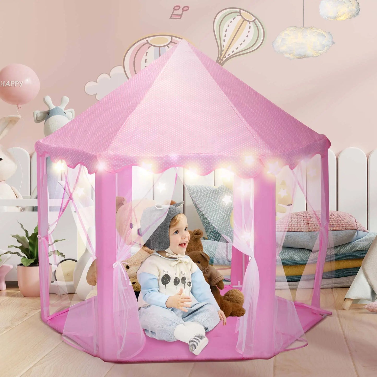 53"H Princess Castle Play Tent Indoor and Outdoor Pink House with LED Star Lights for Kids