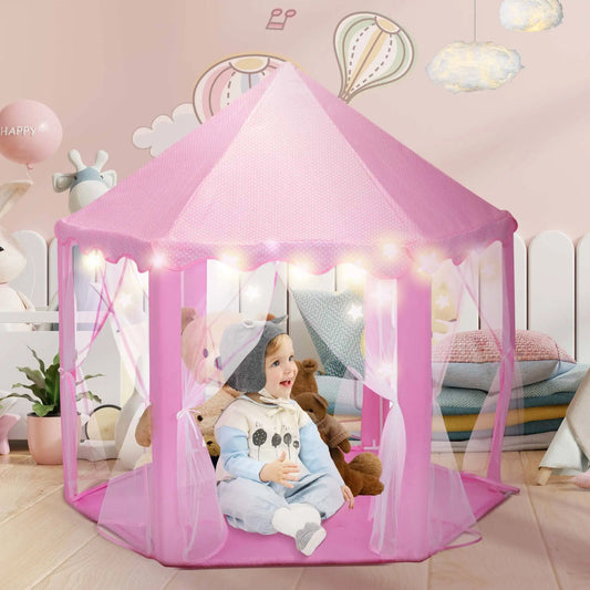 53"H Princess Castle Play Tent Indoor and Outdoor Pink House with LED Star Lights for Kids