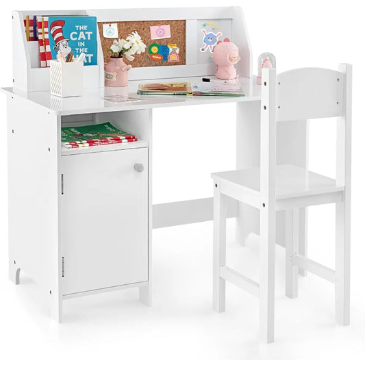 Kids Desk and Chair Set, Wooden Children School Study Table and Chair w/Whiteboard, Hutch, Storage Shelves,3+ Years Old (White)