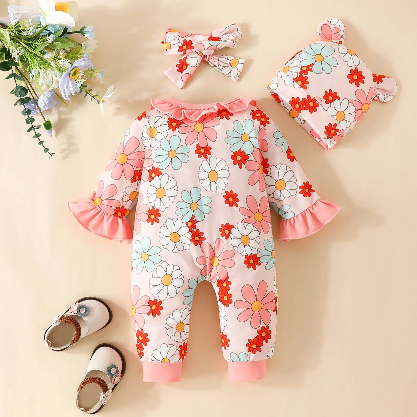 Infant Girls Long Sleeve Floral Prints Pullover Jumpsuit Headband Hat 3 Sets Of Spring Newborn Clothes Ropa De Bebe NiñA