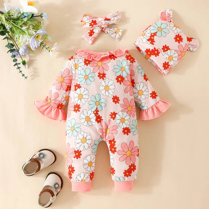 Infant Girls Long Sleeve Floral Prints Pullover Jumpsuit Headband Hat 3 Sets Of Spring Newborn Clothes Ropa De Bebe NiñA