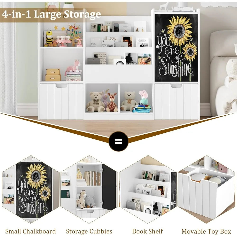 Toy Storage Organizer, Large Toy Organizer and Storage with Chalkboard,Kids Bookshelf and Bookcase with Movable Drawers
