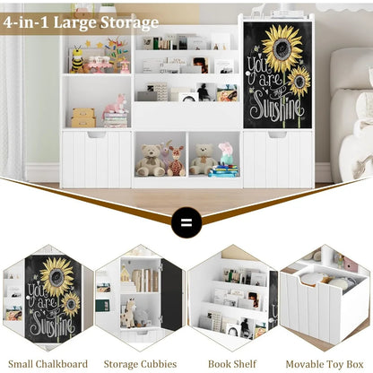 Toy Storage Organizer, Large Toy Organizer and Storage with Chalkboard,Kids Bookshelf and Bookcase with Movable Drawers