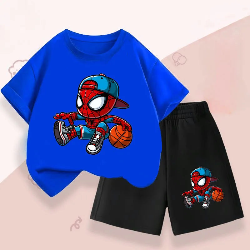 Summer Boys Breathable T Shirt Shorts Two Piece Set Disney Anime Spiderman Kids Casual Outfits Child Short Sleeved Top Suit