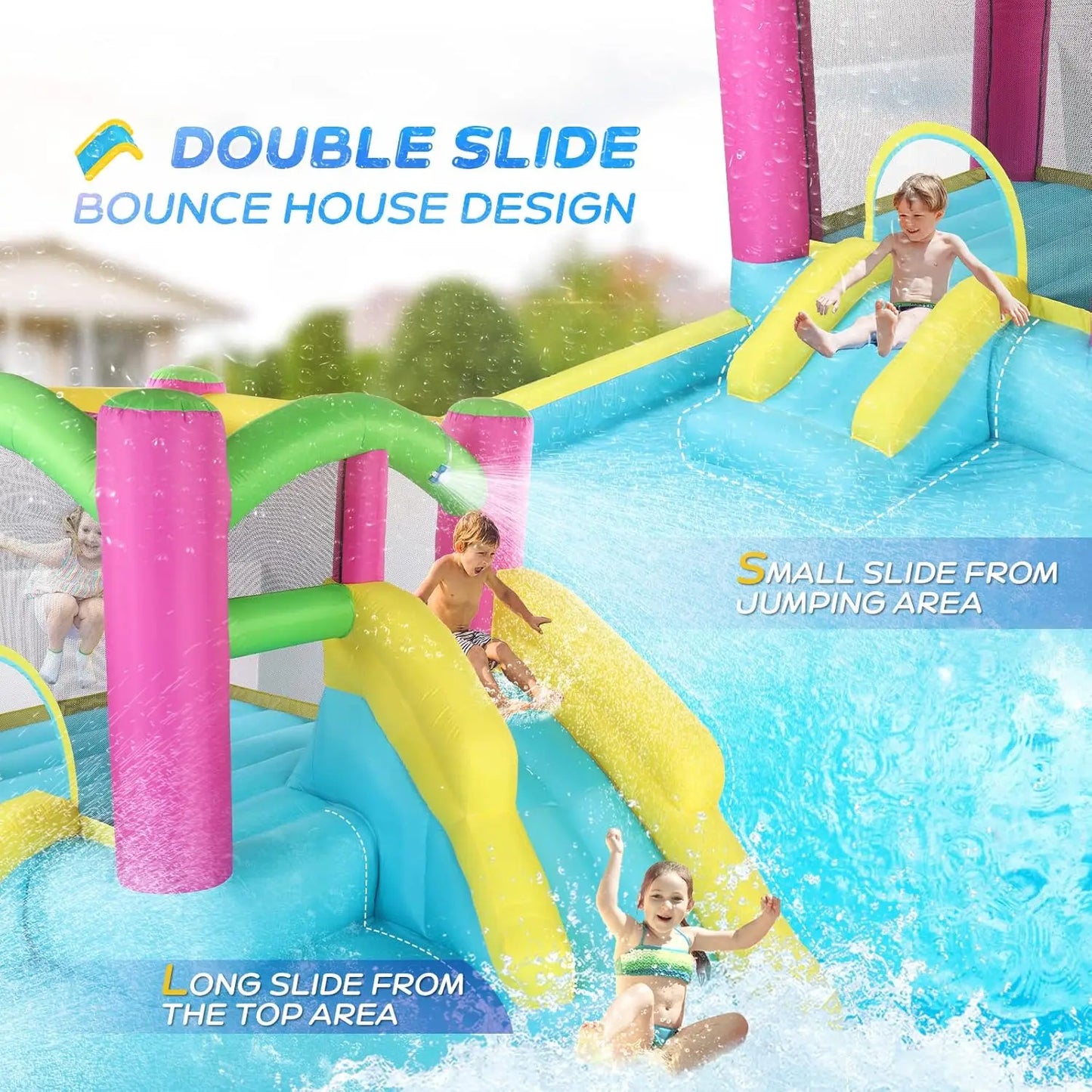 Inflatable Bounce House with Double Water Slide for Kids Toddler Age 3-10 Splash Pool Water Guns Ring-Toss Game for Outdoor
