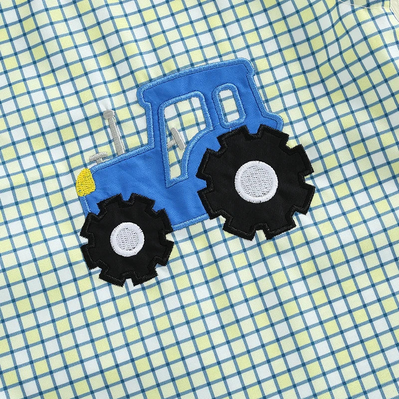 Toddler Boys Sleeveless Plaid Romper with Tractor Patch Crewneck Summer Jumpsuit for Casual Playtime in the Sun