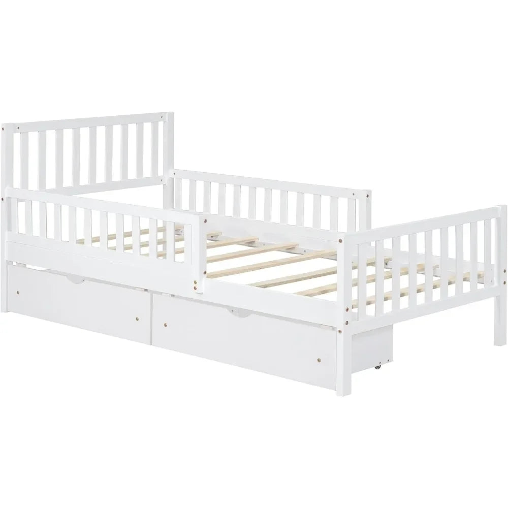 Twin Bed Frame with Storage Drawers and Fence Rails,Wood Platform Beds with Headboard and Slat Support for Kids Boys Girls Teens