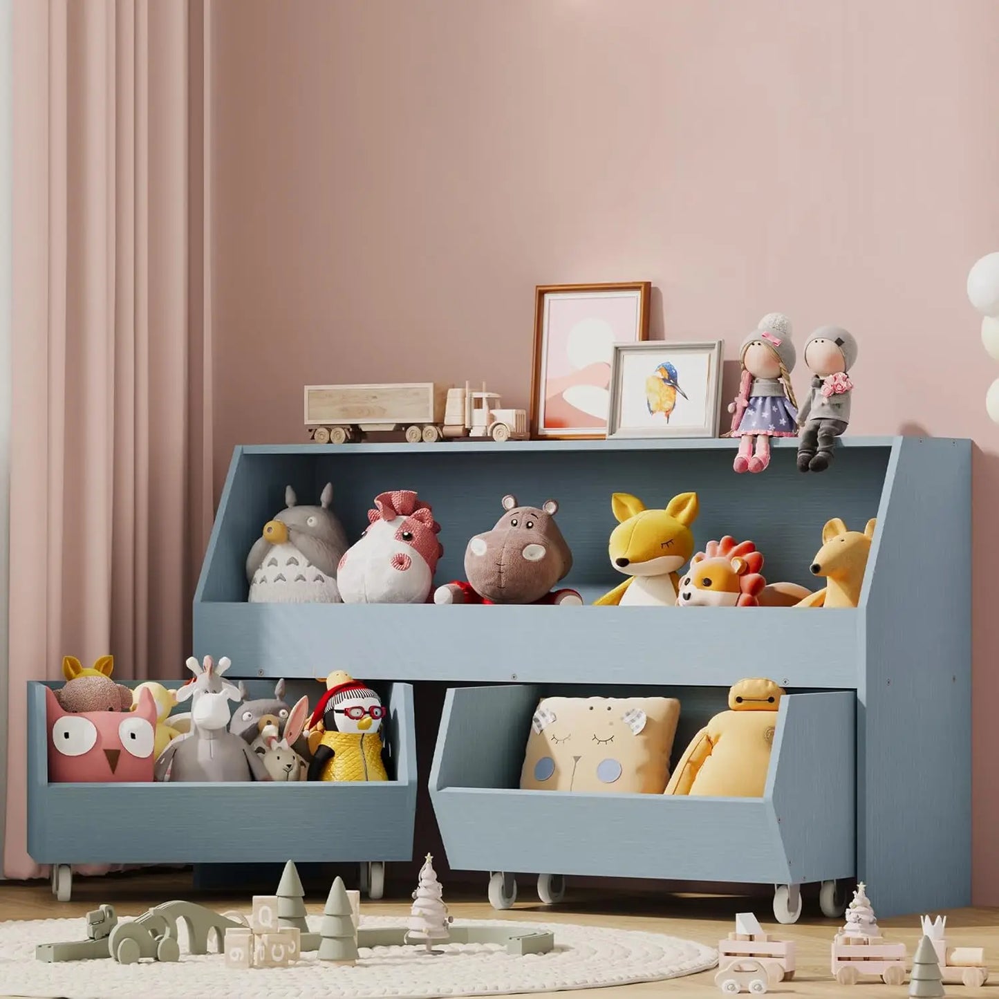 Storage and Organizer for Kid, Large Toy Bin Bookcase Toy Cabinet with Two Moveable Drawers, Children Toddler Storage Carbin