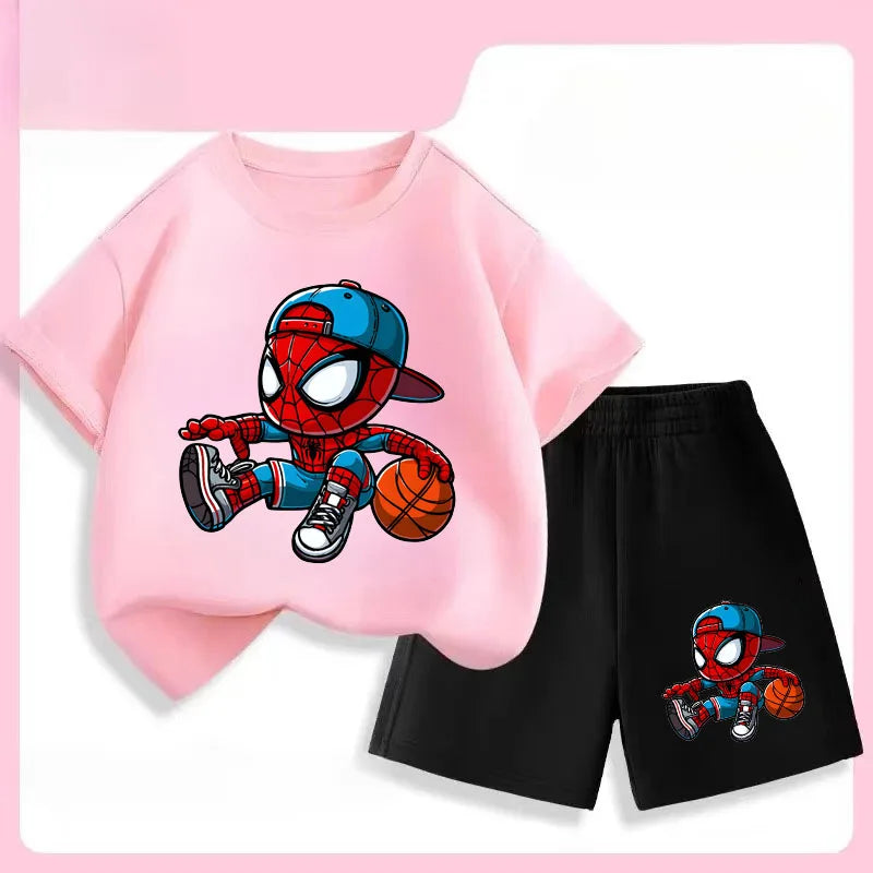Summer Boys Breathable T Shirt Shorts Two Piece Set Disney Anime Spiderman Kids Casual Outfits Child Short Sleeved Top Suit