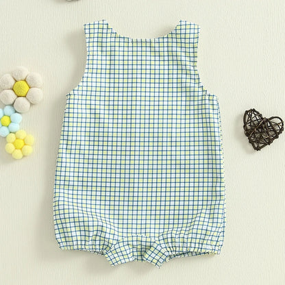 Toddler Boys Sleeveless Plaid Romper with Tractor Patch Crewneck Summer Jumpsuit for Casual Playtime in the Sun