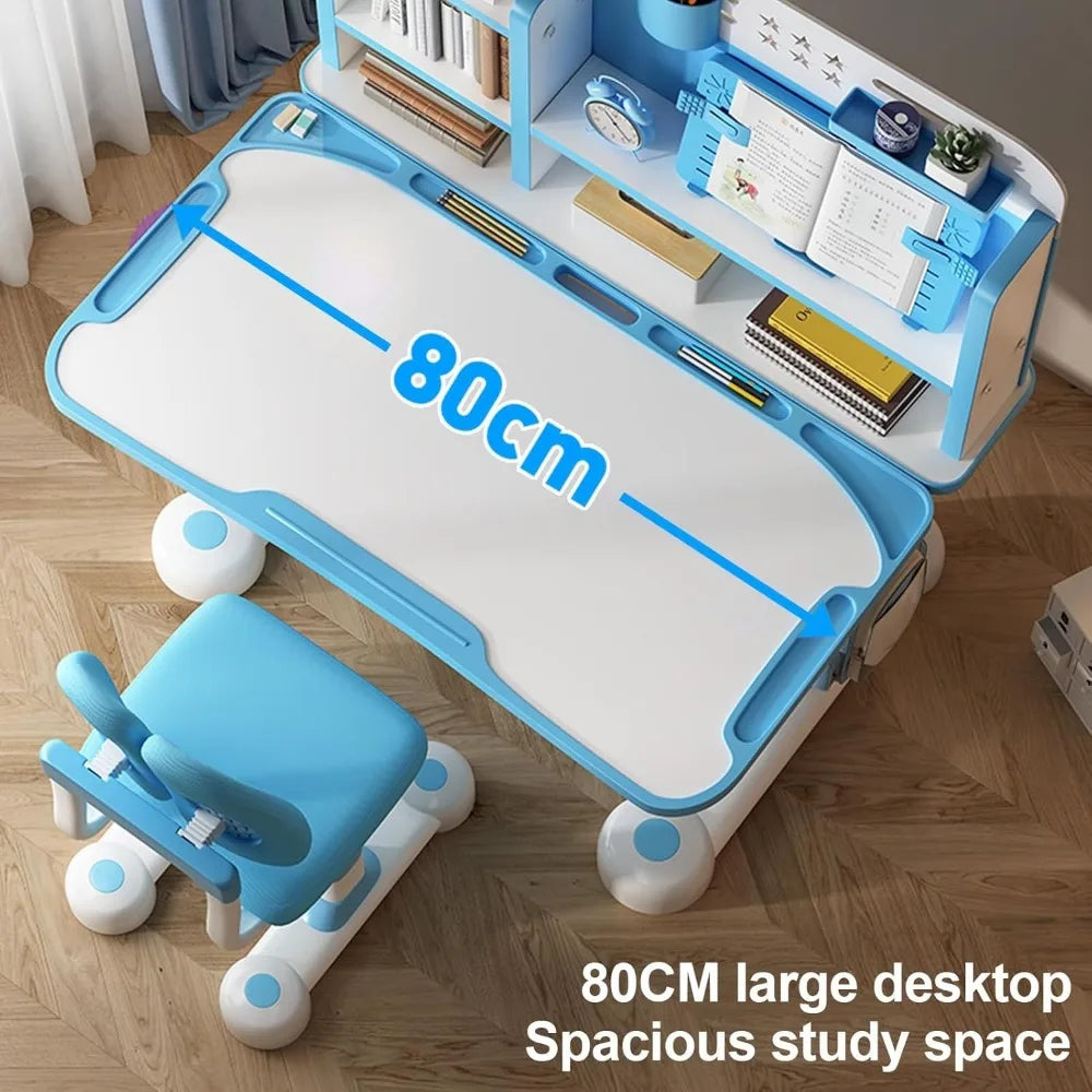 Kids Functional Desk and Chair Set, Ergonomic Height Adjustable Children School Study Desk with Tilt Desktop, Book Stand