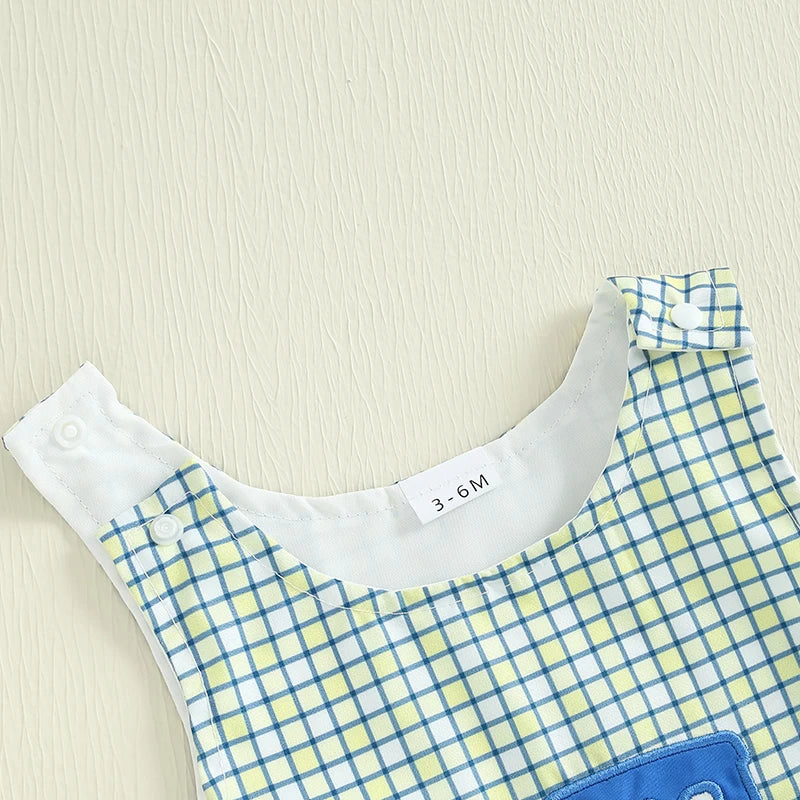 Toddler Boys Sleeveless Plaid Romper with Tractor Patch Crewneck Summer Jumpsuit for Casual Playtime in the Sun