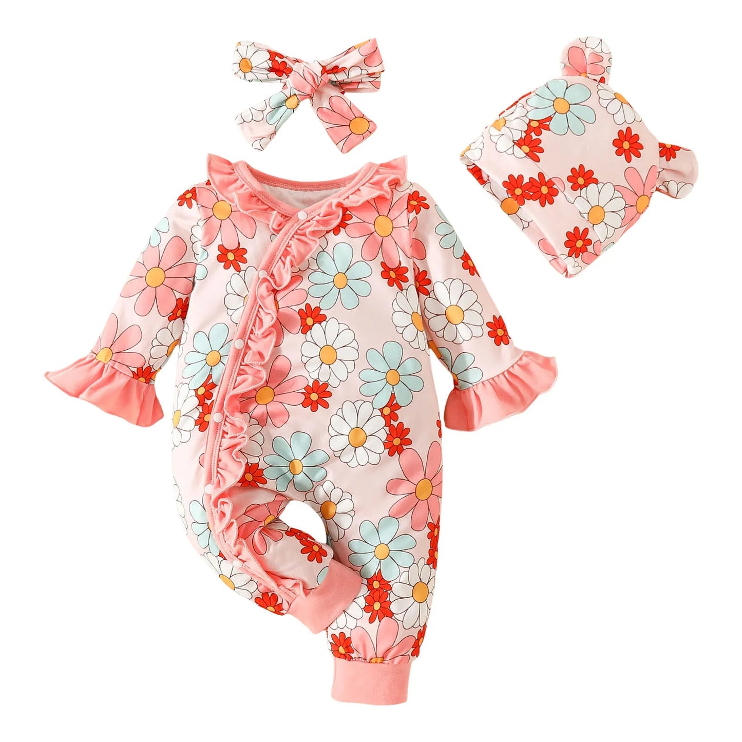 Infant Girls Long Sleeve Floral Prints Pullover Jumpsuit Headband Hat 3 Sets Of Spring Newborn Clothes Ropa De Bebe NiñA