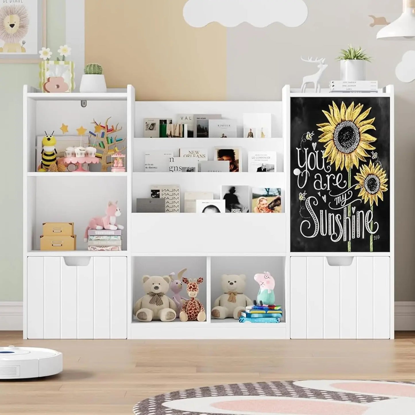 Toy Storage Organizer, Large Toy Organizer and Storage with Chalkboard,Kids Bookshelf and Bookcase with Movable Drawers