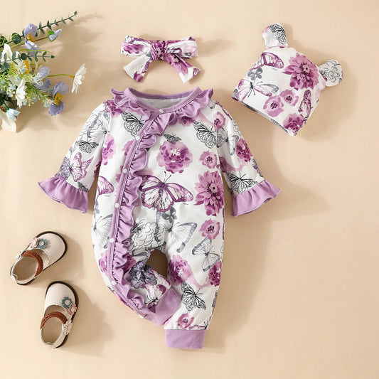Infant Girls Long Sleeve Floral Prints Pullover Jumpsuit Headband Hat 3 Sets Of Spring Newborn Clothes Ropa De Bebe NiñA