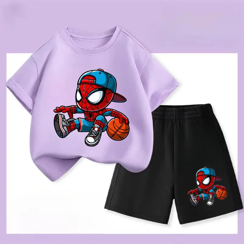 Summer Boys Breathable T Shirt Shorts Two Piece Set Disney Anime Spiderman Kids Casual Outfits Child Short Sleeved Top Suit