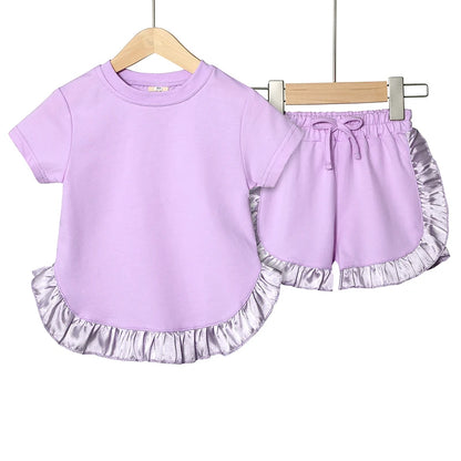 2025 Kids Girls Summer Outfits Solid Cotton T-shirt+Shorts Toddler Teenager Lounge Suit For 9M-7T Casual Girl Breathable Clothes