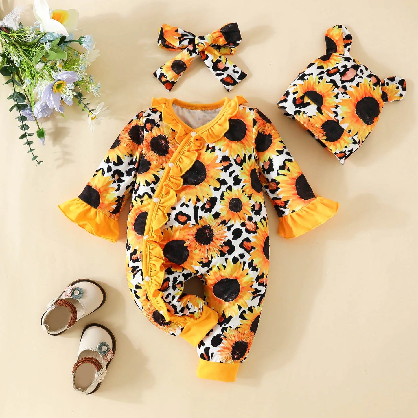 Infant Girls Long Sleeve Floral Prints Pullover Jumpsuit Headband Hat 3 Sets Of Spring Newborn Clothes Ropa De Bebe NiñA