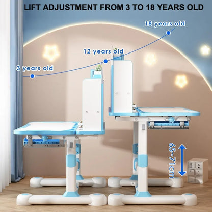Kids Functional Desk and Chair Set, Ergonomic Height Adjustable Children School Study Desk with Tilt Desktop, Book Stand