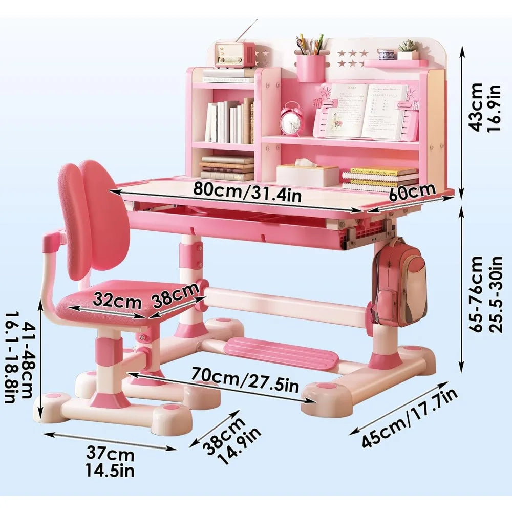 Kids Functional Desk and Chair Set, Ergonomic Height Adjustable Children School Study Desk with Tilt Desktop, Book Stand