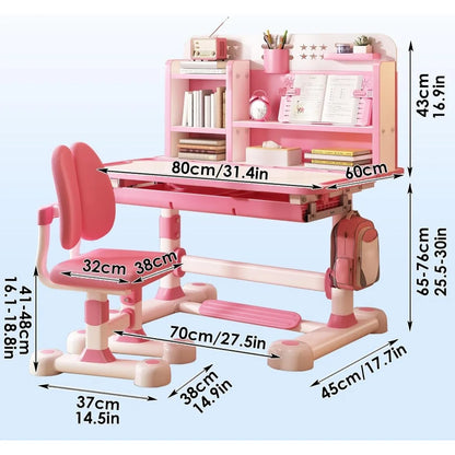 Kids Functional Desk and Chair Set, Ergonomic Height Adjustable Children School Study Desk with Tilt Desktop, Book Stand