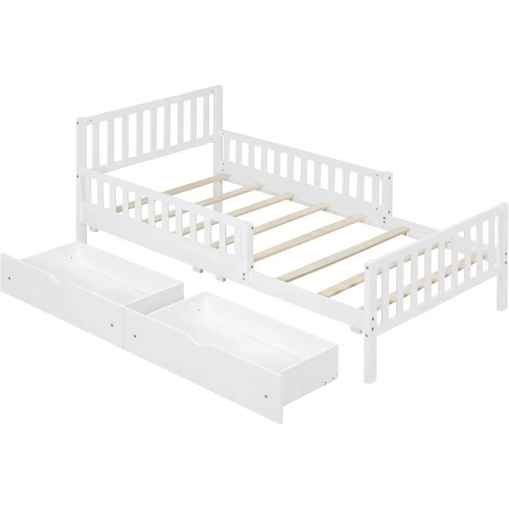 Twin Bed Frame with Storage Drawers and Fence Rails,Wood Platform Beds with Headboard and Slat Support for Kids Boys Girls Teens