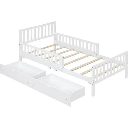 Twin Bed Frame with Storage Drawers and Fence Rails,Wood Platform Beds with Headboard and Slat Support for Kids Boys Girls Teens