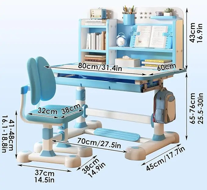 Kids Functional Desk and Chair Set, Ergonomic Height Adjustable Children School Study Desk with Tilt Desktop, Book Stand