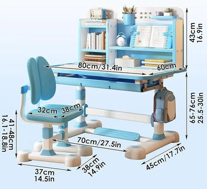 Kids Functional Desk and Chair Set, Ergonomic Height Adjustable Children School Study Desk with Tilt Desktop, Book Stand