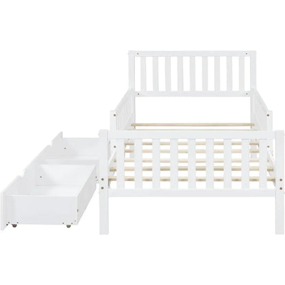 Twin Bed Frame with Storage Drawers and Fence Rails,Wood Platform Beds with Headboard and Slat Support for Kids Boys Girls Teens