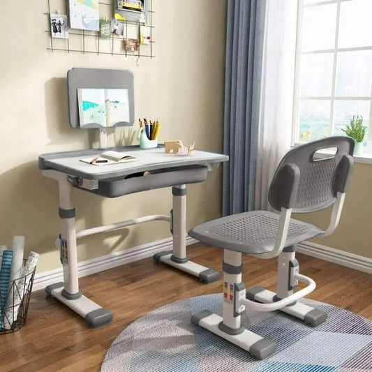 Kids Desk and Chair Set, Children School Study Desk with Tilt Desktop, Bookstand, LED Lamp, for Boys Girls, (Grey)