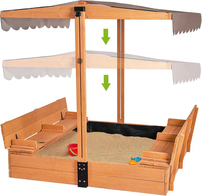 Wooden Sandbox Backyard Sand Box with Cover, Outdoor Sandbox for Kids with 3 Toy Bins