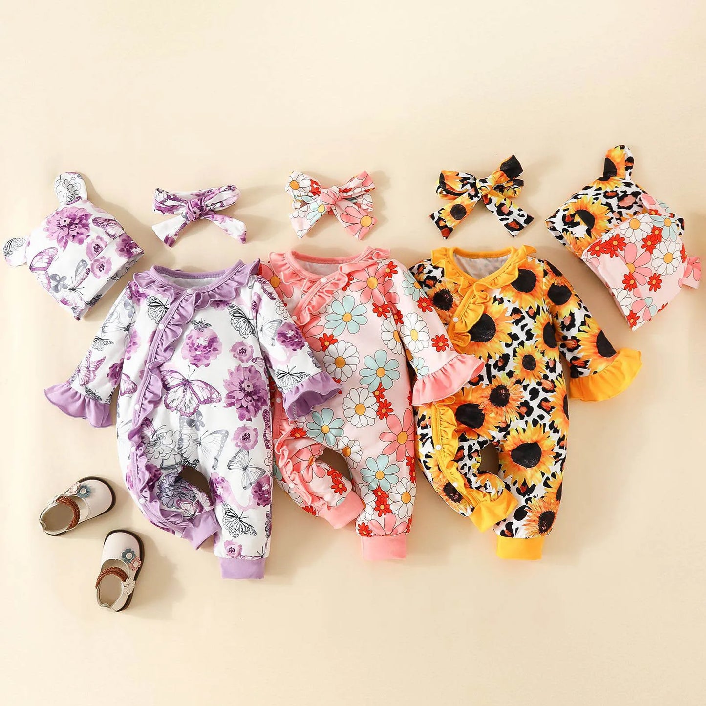 Infant Girls Long Sleeve Floral Prints Pullover Jumpsuit Headband Hat 3 Sets Of Spring Newborn Clothes Ropa De Bebe NiñA