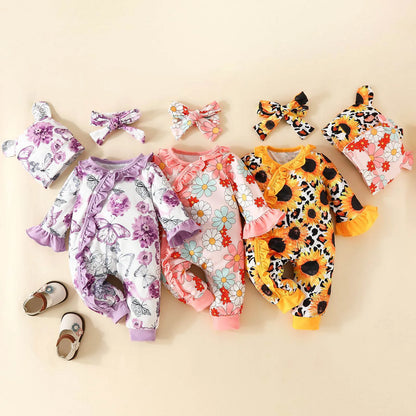 Infant Girls Long Sleeve Floral Prints Pullover Jumpsuit Headband Hat 3 Sets Of Spring Newborn Clothes Ropa De Bebe NiñA